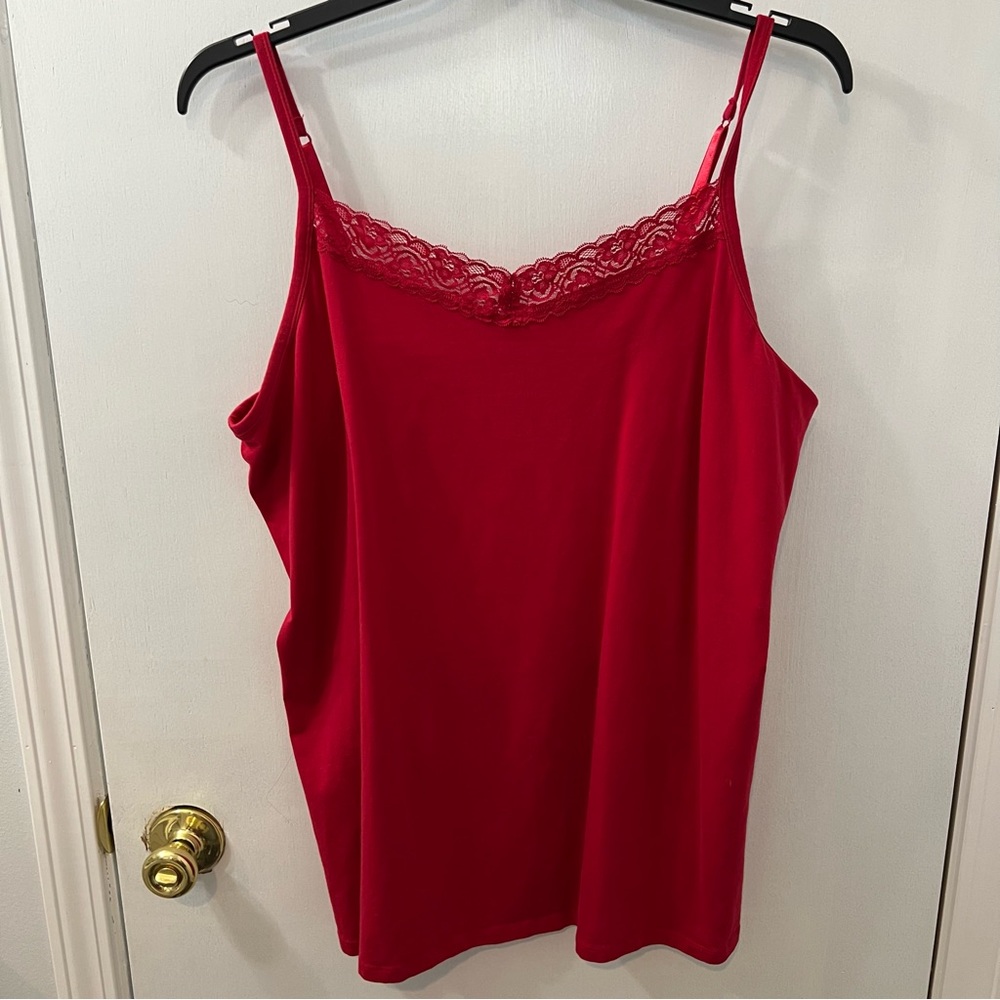 Catherine’s Red Cotton Tank Top size 2X 22/24. Adjustable straps. Lace details